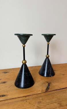Vintage Postmodern Memphis Style Green and Black Marble Brass Cone Candlesticks